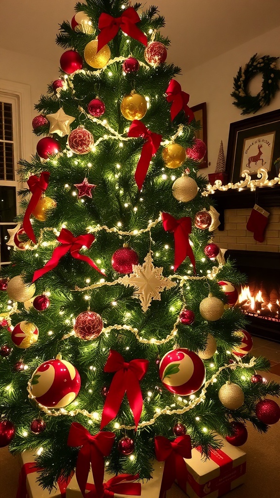 Traditional Christmas Tree Decoration Ideas A traditional Christmas tree decorated with lights, ornaments, and ribbons in a cozy living room.